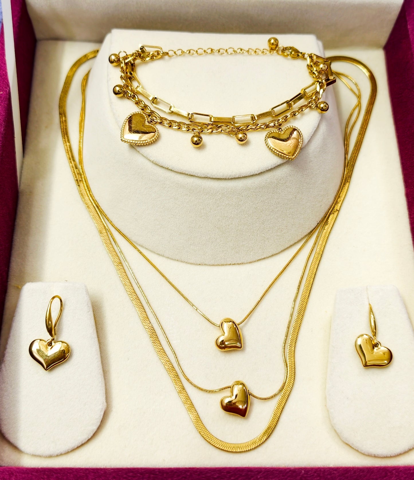 Nilanzia Golden Heart Charm Layered 3 piece Jewellery Set