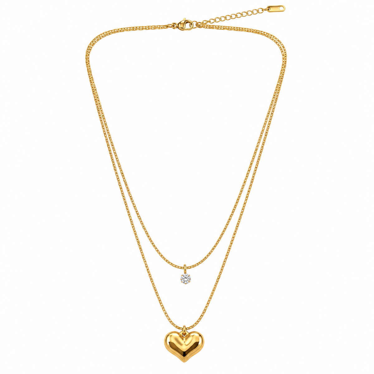Nilanzia Golden Glow Solitaire & Puffy Heart Layered Necklace