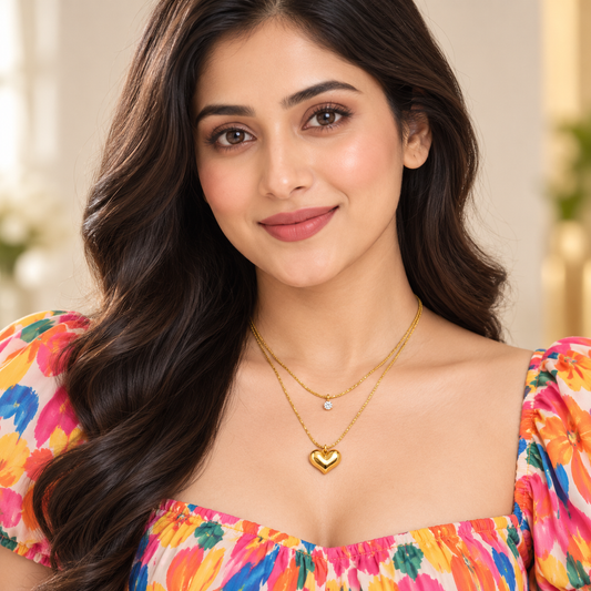 Nilanzia Golden Glow Solitaire & Puffy Heart Layered Necklace