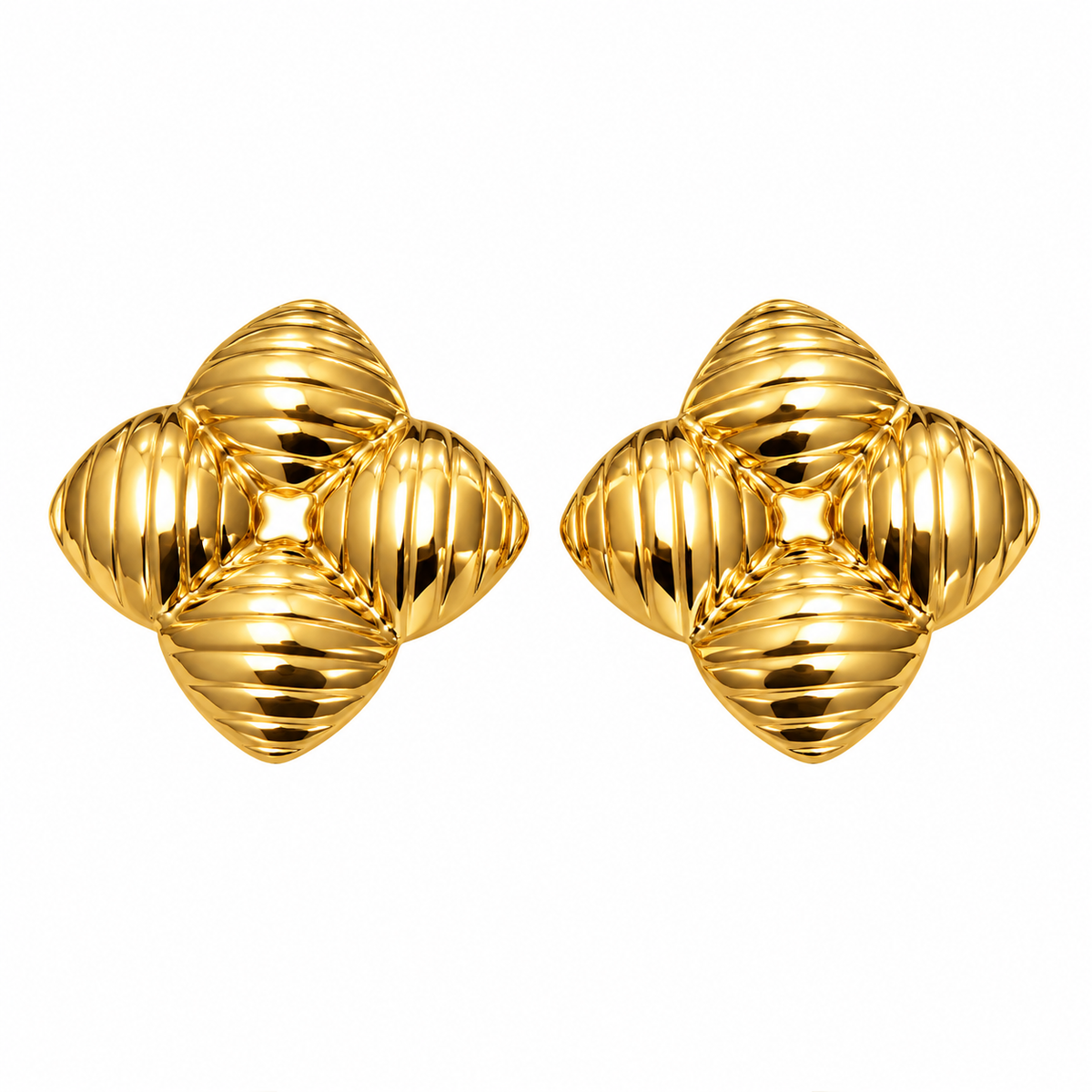 Nilanzia Golden Ribbed Quarterfoil Stud Earrings