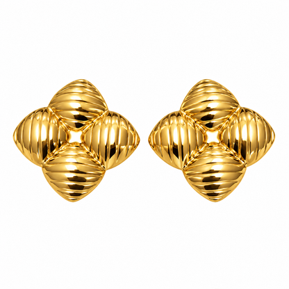 Nilanzia Golden Ribbed Quarterfoil Stud Earrings