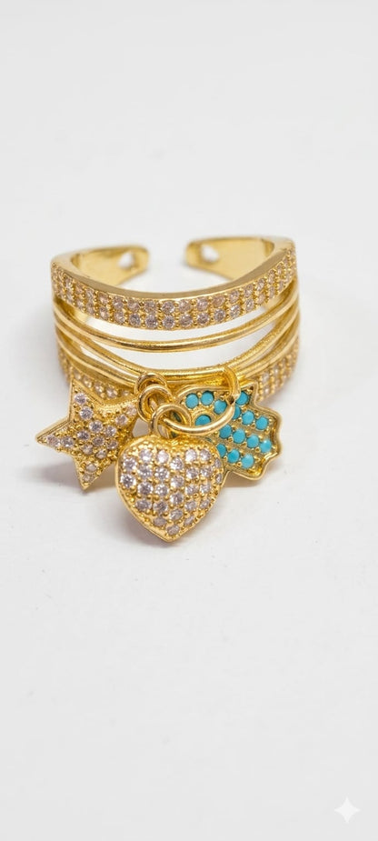 Triple-Band Star & Turquoise Hamsa Ring
