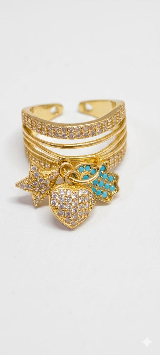 Triple-Band Star & Turquoise Hamsa Ring