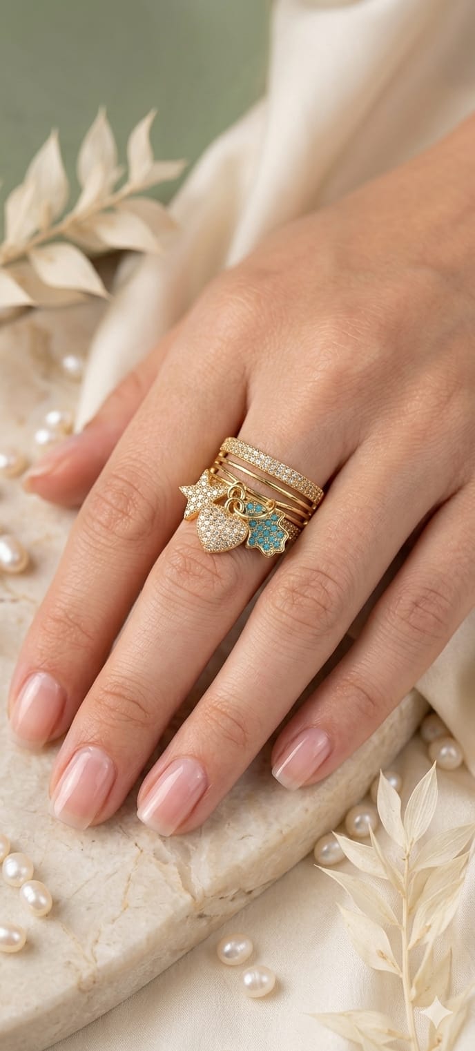 Triple-Band Star & Turquoise Hamsa Ring