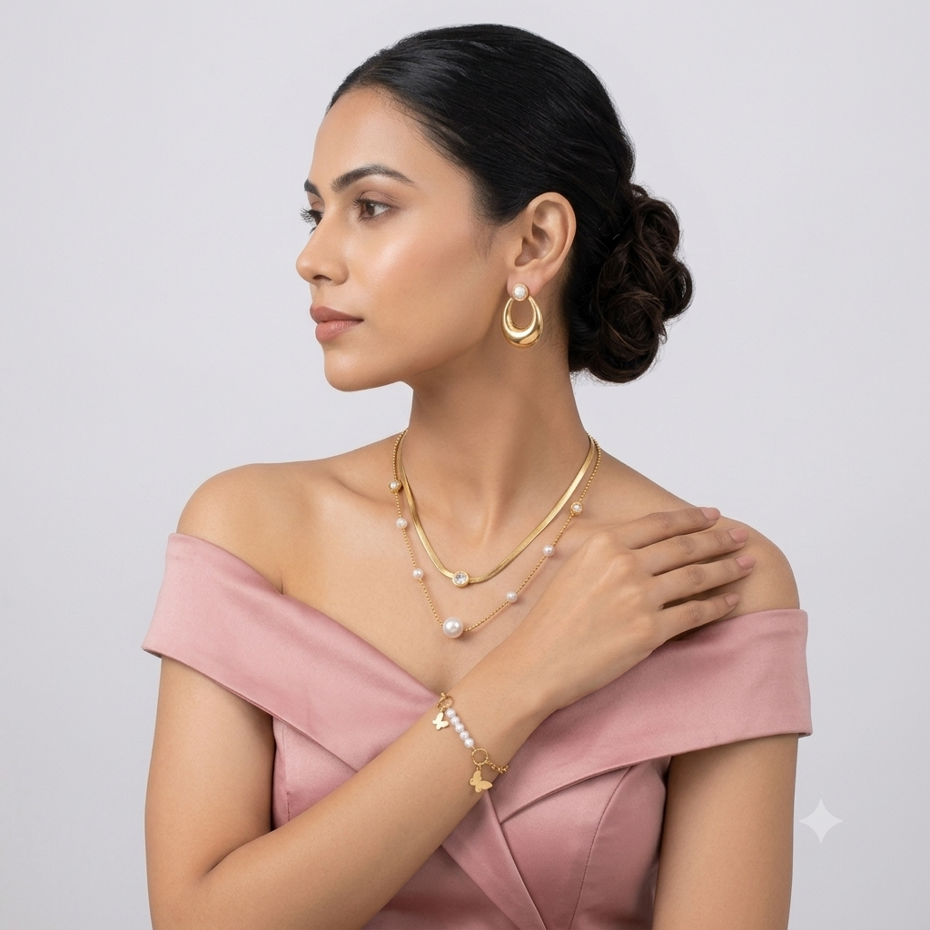 Nilanzia Golden Pearl 3 piece Jewellery Set