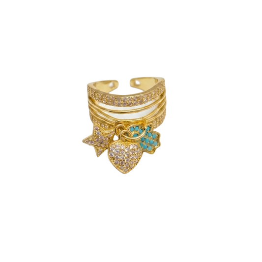 Triple-Band Star & Turquoise Hamsa Ring