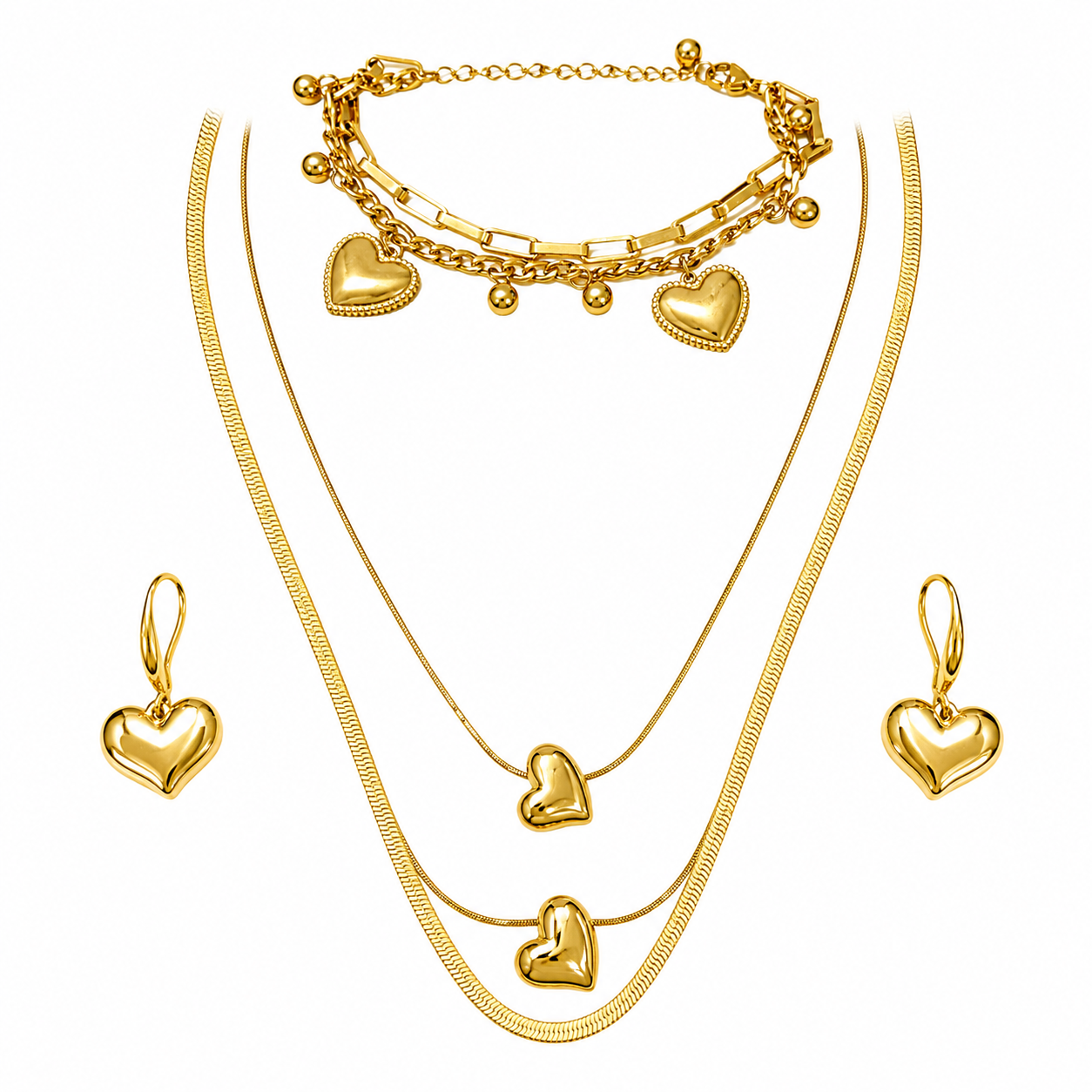 Nilanzia Golden Heart Charm Layered 3 piece Jewellery Set