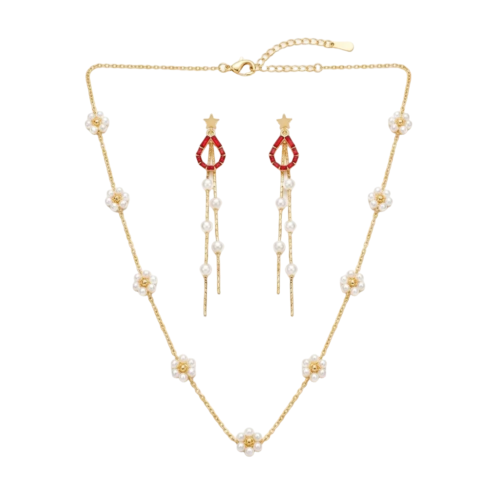 Pearl Blossom & Ruby Drop Jewellery Set
