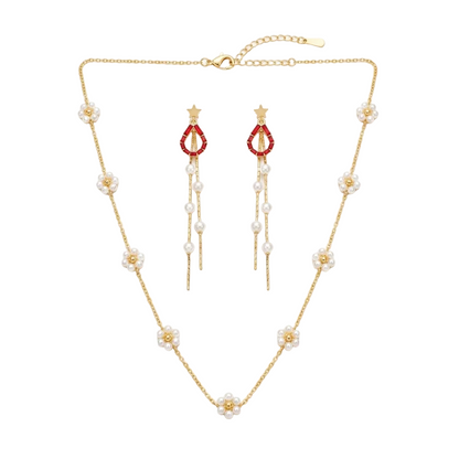Pearl Blossom & Ruby Drop Jewellery Set