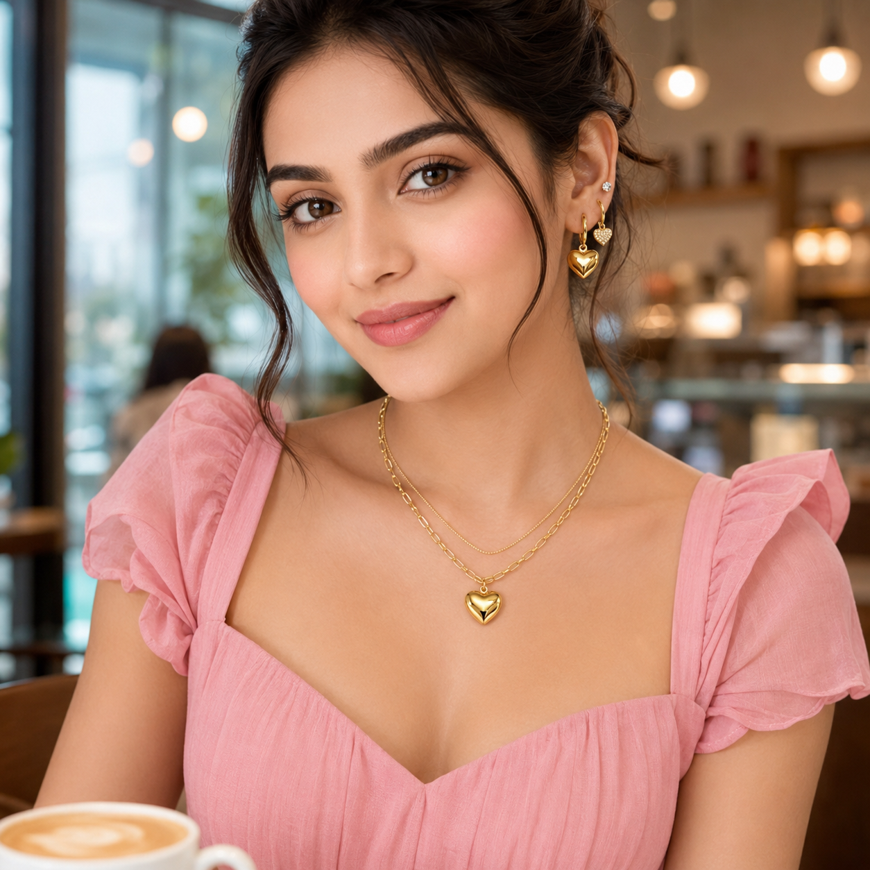 Golden Heart Tri Piercing Layered Jewellery Set