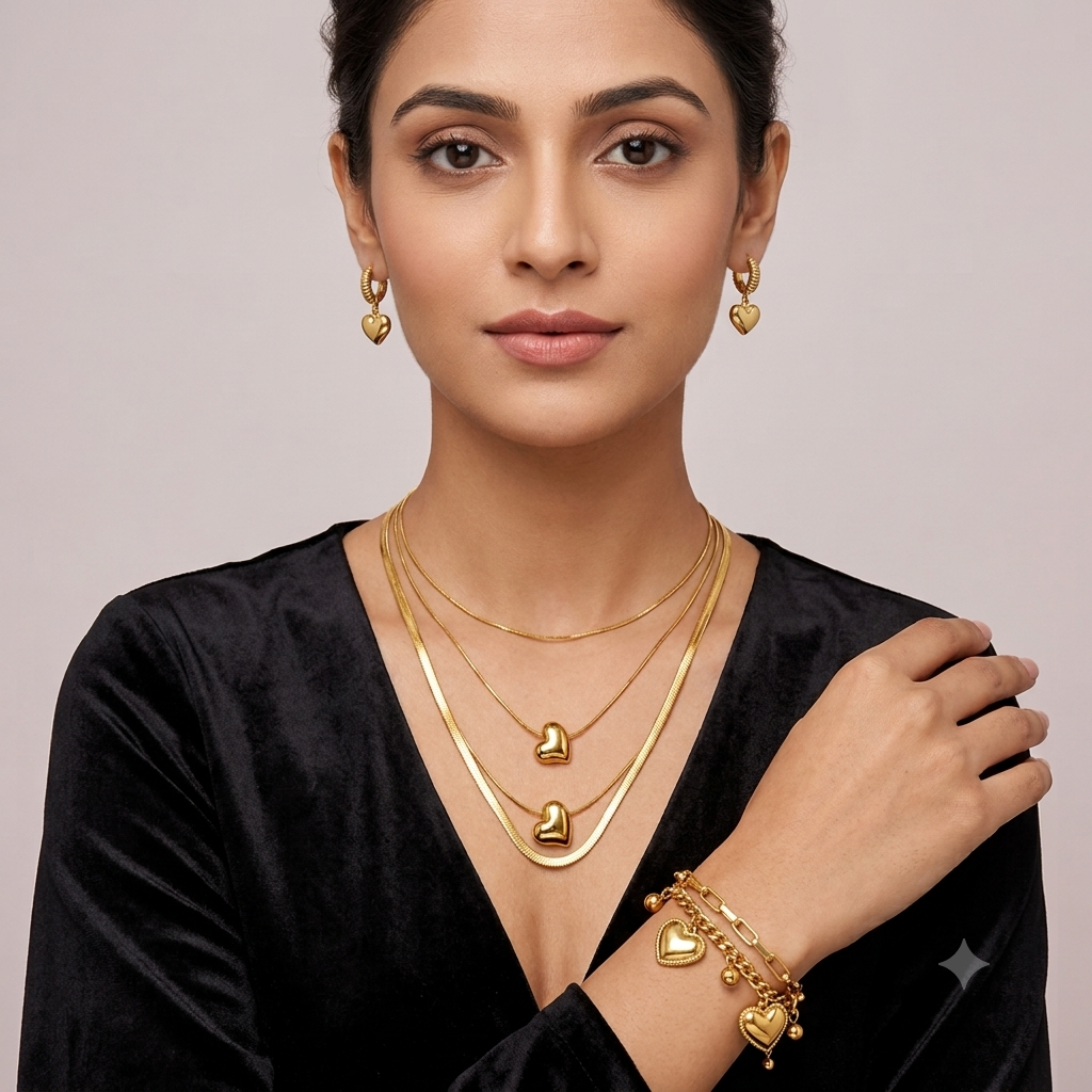 Nilanzia Golden Heart Charm Layered 3 piece Jewellery Set