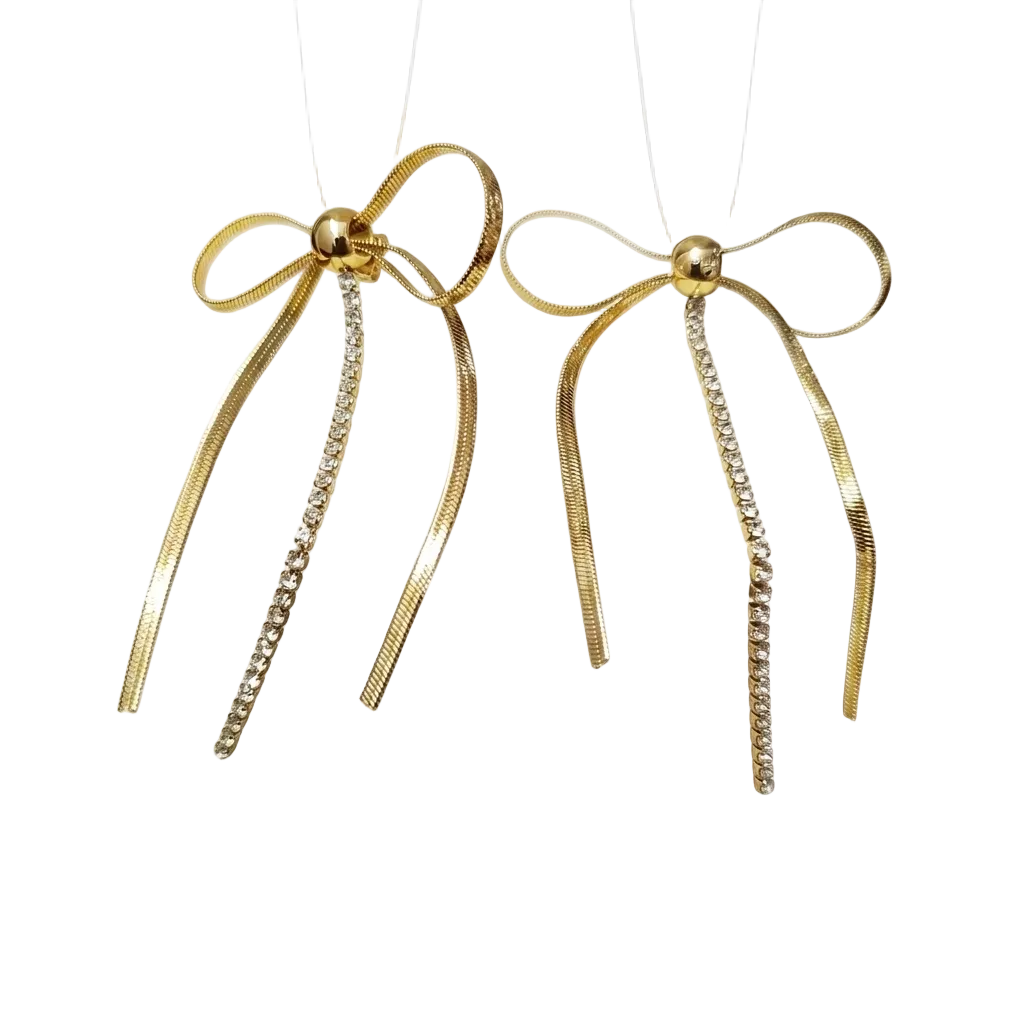 Golden Ribbon Bow Earrings with Crystal Dangles