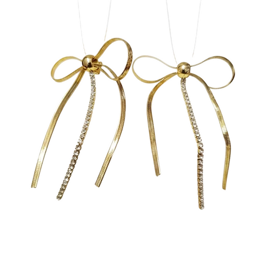 Golden Ribbon Bow Earrings with Crystal Dangles
