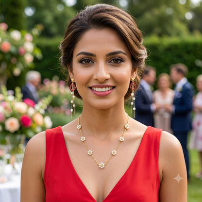 Pearl Blossom & Ruby Drop Jewellery Set