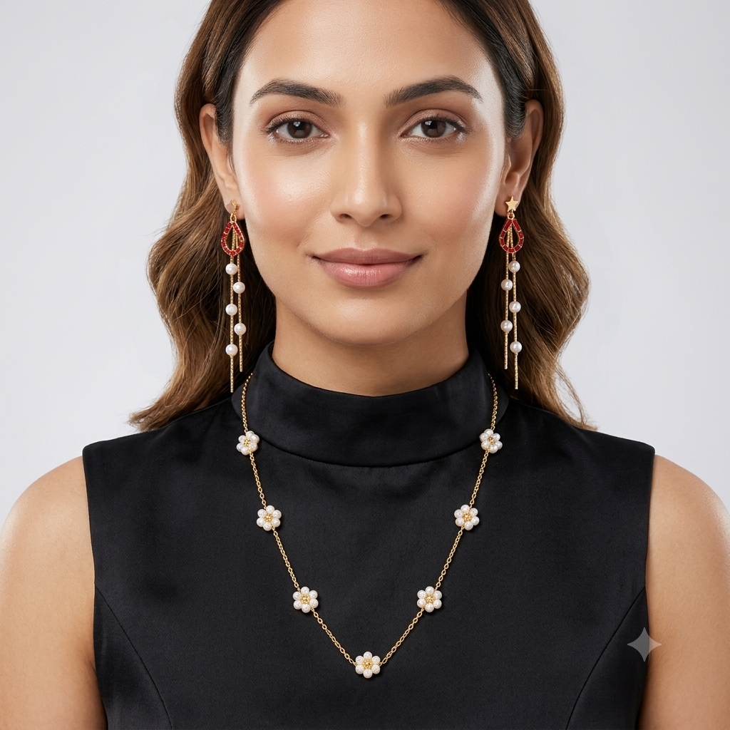 Pearl Blossom & Ruby Drop Jewellery Set