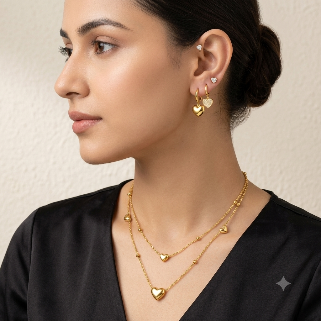 Golden Heartbeat Layered 3 piercing Jewellery Set