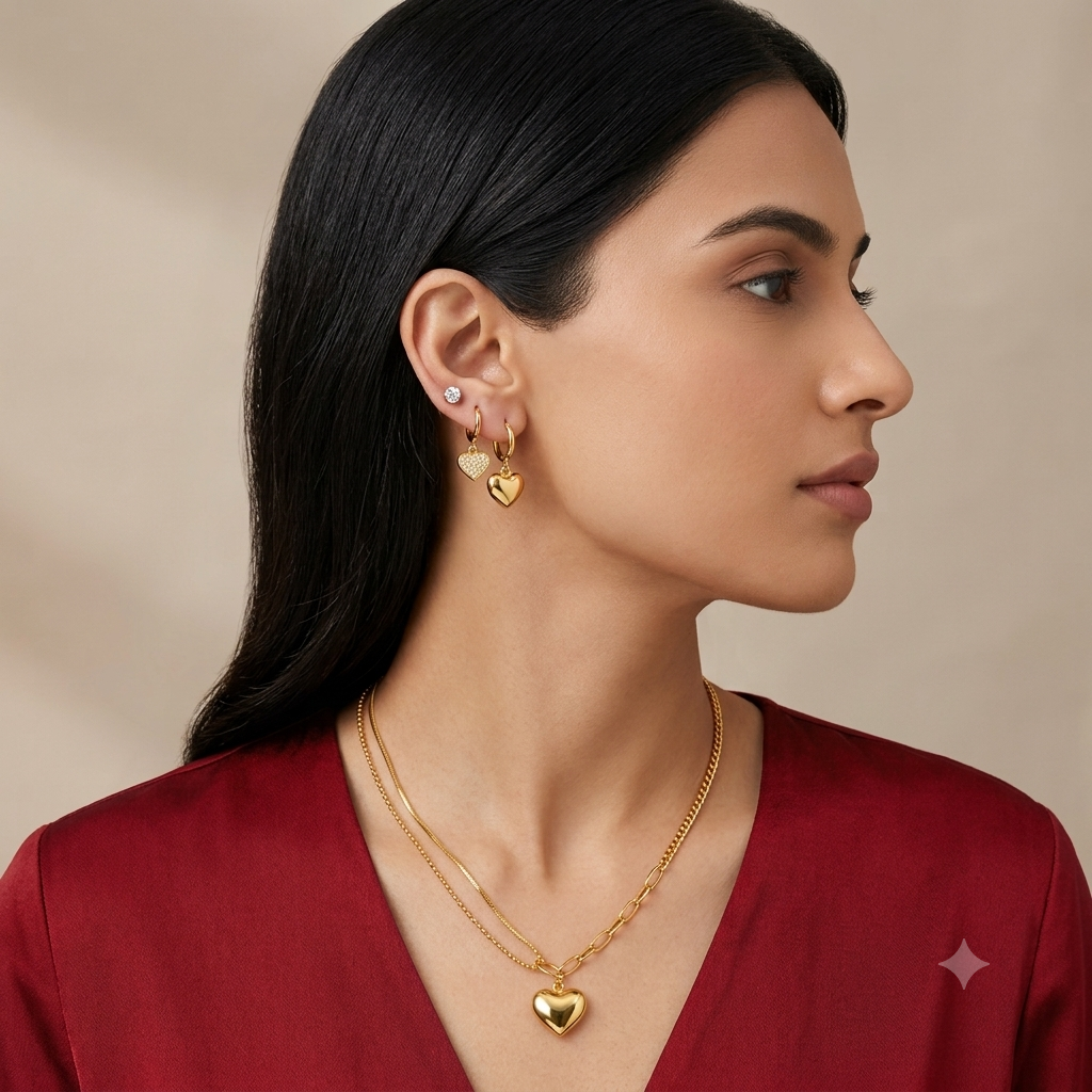 Golden Heart Tri Piercing Layered Jewellery Set