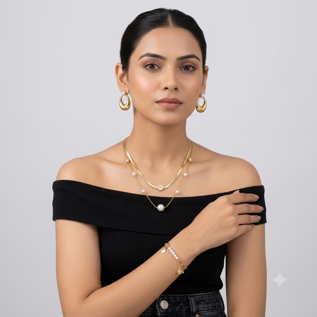 Nilanzia Golden Pearl 3 piece Jewellery Set