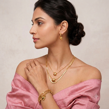 Nilanzia Golden Heart Charm Layered 3 piece Jewellery Set