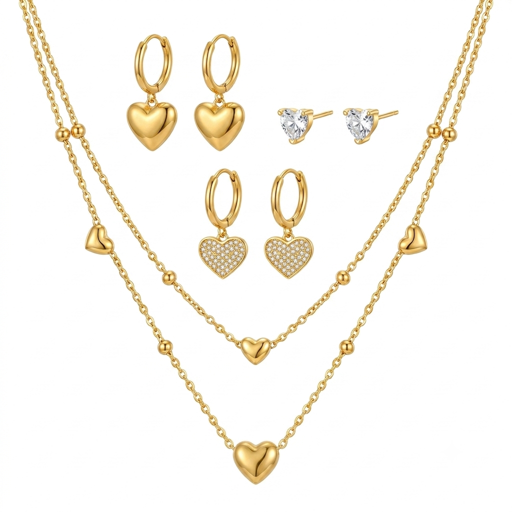 Golden Heartbeat Layered 3 piercing Jewellery Set