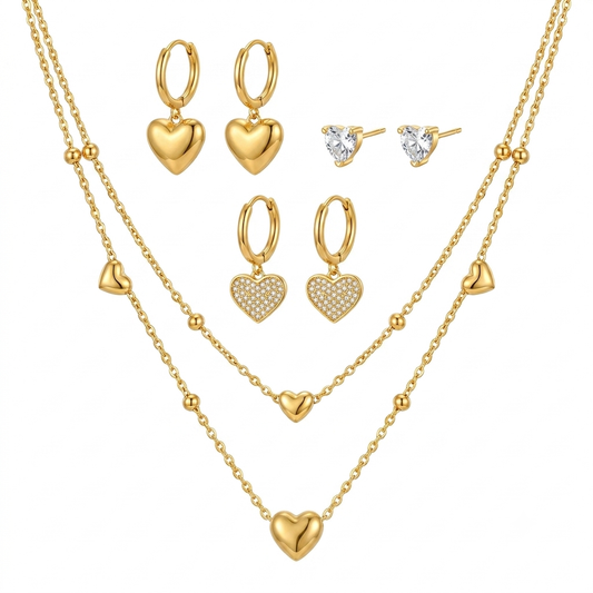 Golden Heartbeat Layered 3 piercing Jewellery Set
