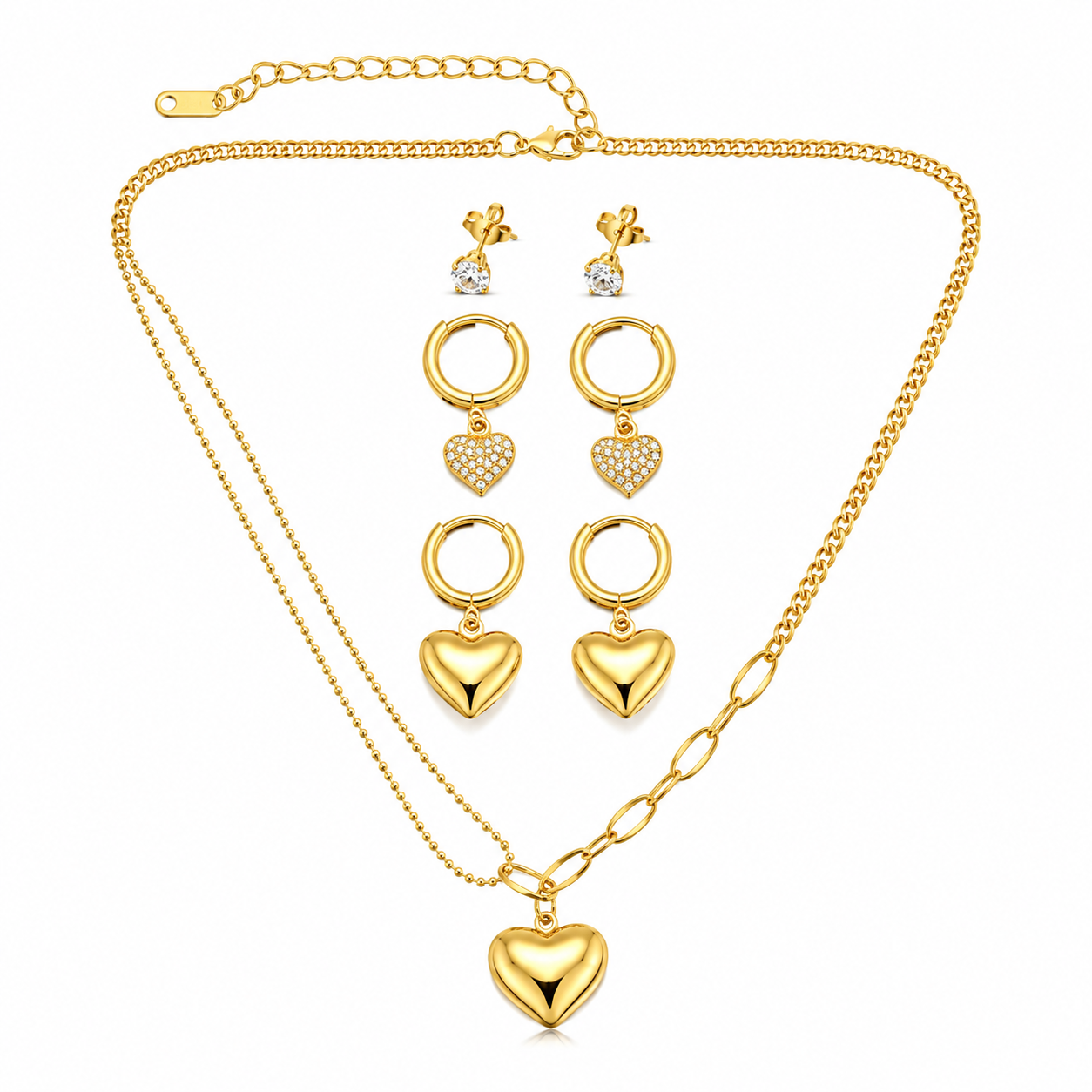 Golden Heart Tri Piercing Layered Jewellery Set